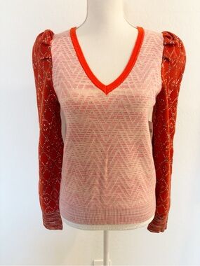 NWT By Anthropologie Cherie Puff Sleeve V-neck Brick Red Pink Sweater Size M